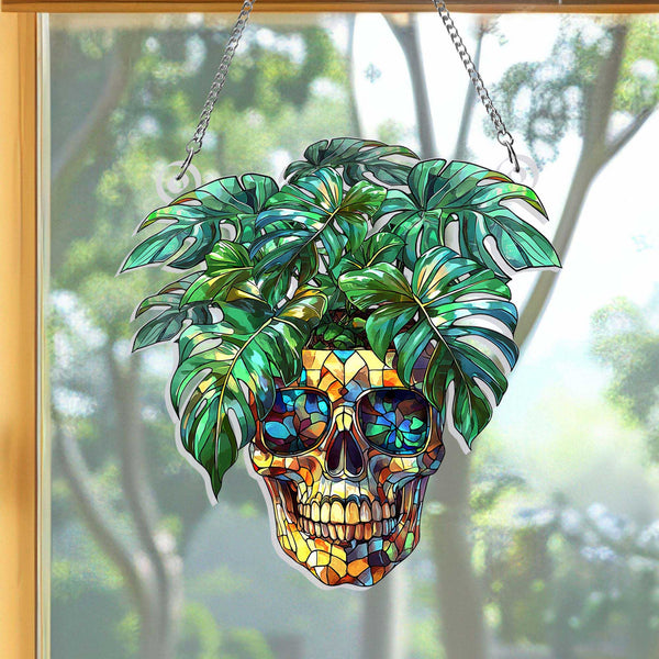 Skull & Monstera Acrylic Suncatcher, Halloween Ghost Hangings, Plant Lovers Gift, Monstera Suncatcher for Plant Lovers
