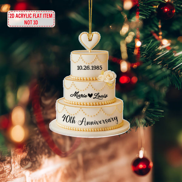 Personalized Anniversary Ornament | Custom Wedding Cake 2D Flat Design, Mr & Mrs Christmas Gift for Couples (4in)