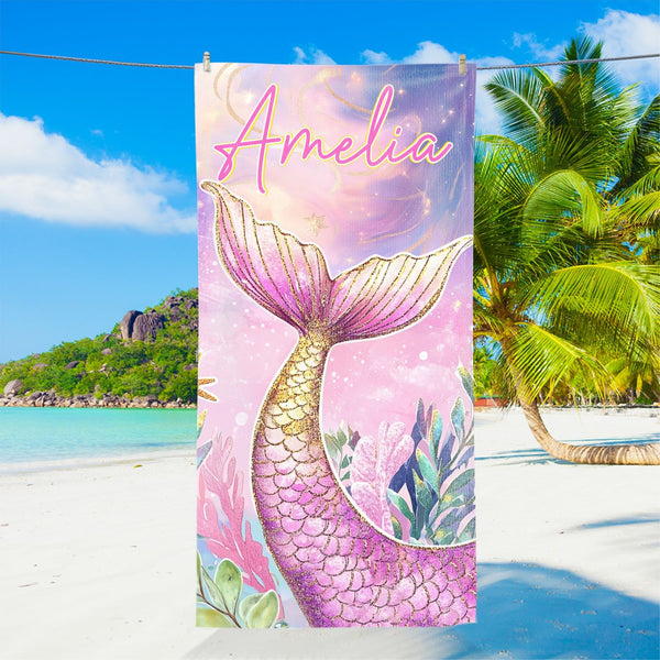 Mermaid Personalized Beach Towel, Mermaid Party Favors, Mermaid Tail Custom Name, Pool Bach Trip Towel, Beach Towel for Kids, Vacation Gift MLN5744TNB
