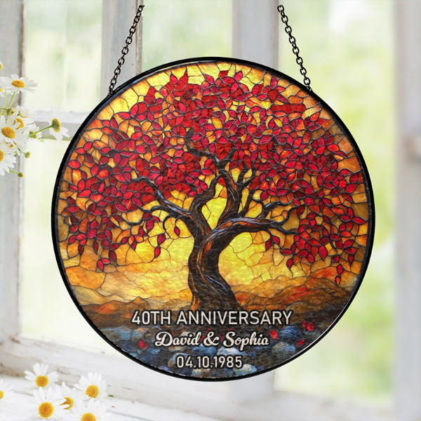 Personalized Tree of Life 40th Anniversary Gift, Ruby 40th Wedding Anniversary Gift, Tree of Life Stained Glass Suncatcher, Custom Gift for Parents or Couple LHB349LPN
