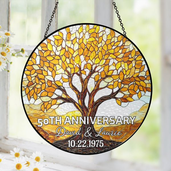 Personalized Wedding Anniversary Stained Glass Suncatcher, Gift For Parents, Tree of Life 50th Anniversary Hanging, Wedding Anniversary Gift MLN6029DTD