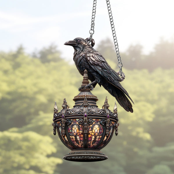 Raven Gothic on Lantern 2D ACRYLIC Suncatcher, Black Raven Suncatcher Window Hanging, Gothic Crow Window Decor, Halloween Gift, Gothic Decor