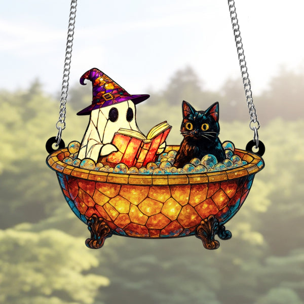 Whimsical Ghost Reading with Black Cat Suncatcher – Halloween Window Decor