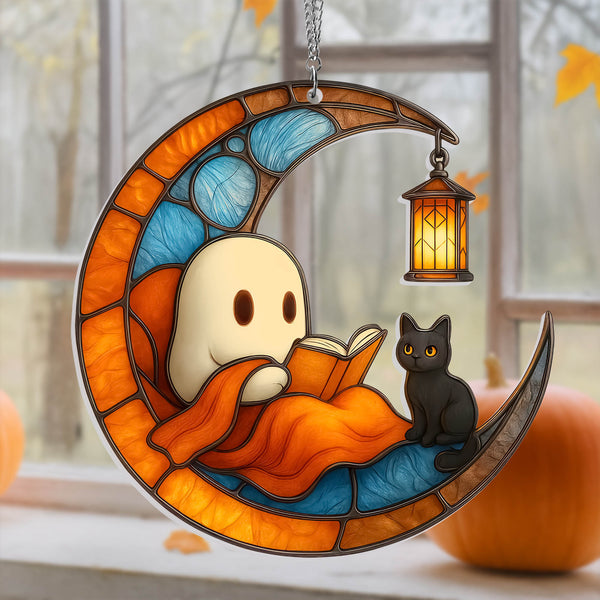 Ghost Reading Book On Moon Acrylic Suncatcher Hanging, Reading Book Suncatcher, Book Reading Lover Gift, Halloween Gifts, Housewarming Decor
