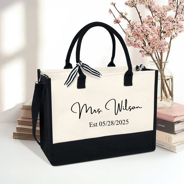 Mrs. Last Name Est Year Tote Bag, Personalized Bride Bag, Engagement Gift, Bride To Be, Bridal Shower Gift, Bridesmaid Gift,Future Mrs Tote MLN5271NTH