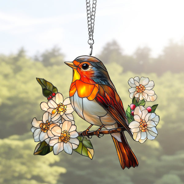 Handcrafted Stained Glass Bird Suncatcher – Vibrant Robin with Blossoms for Nature-Inspired Home Décor