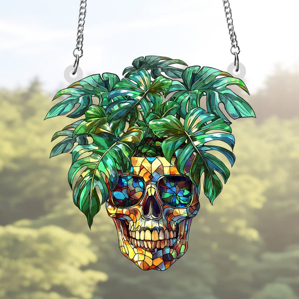 Skull & Monstera Acrylic Suncatcher, Monstera Ornament, Halloween Ghost Hangings, Plant Lovers Gift, Monstera Suncatcher for Plant Lovers