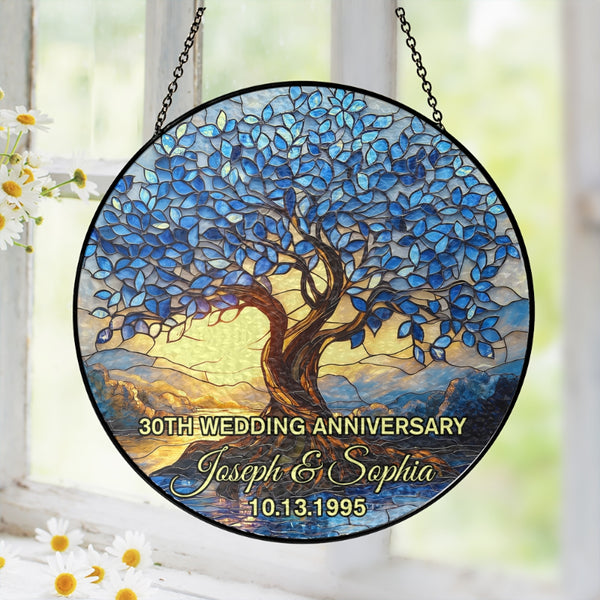 Personalized Tree of Life 30th Anniversary Gift, Wedding Anniversary Stained Glass Suncatcher, 30th Anniversary Keepsake Gifts, Gift For Couple  MLN-1717-NGT