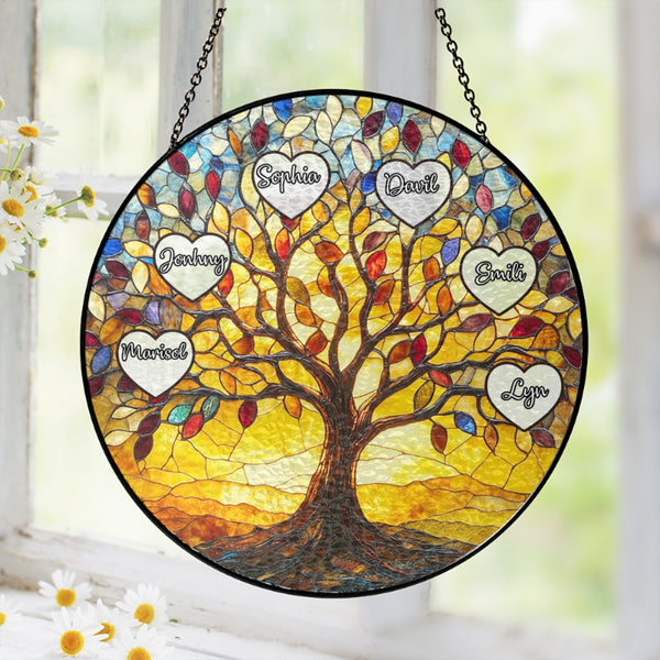 Tree of Life Names Stained Glass Suncatcher, Family Tree Suncatcher, Mother's Day Gift, Custom Suncatcher with Kids Names, Gifts for Mom MLN5340NGT