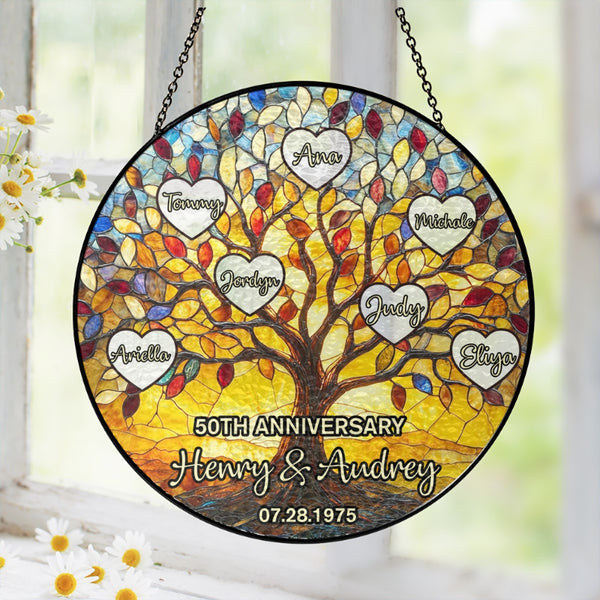 Personalized Tree of Life 50th Anniversary Gift, Tree of Life Glass Suncatcher, Golden Anniversary Suncatcher, Family Names Tree Suncatcher MLN6026NGT