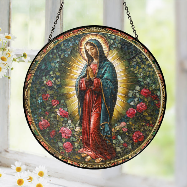 Beautiful Stained Glass Suncatcher of the Virgin of Guadalupe – Catholic Home Décor with Roses and Heavenly Light
