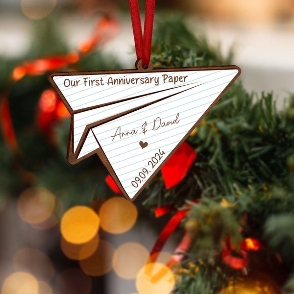 Paper Airplane Christmas Wooden Ornament, One Year Anniversary Gift, Couple Gifts, Anniversary Gift With Airplane, Gift For Husband, Wife