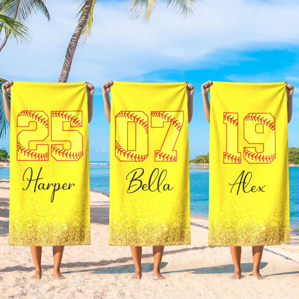 Custom Softball Team Beach Towel, Personalized Player Number & Name, School Game Gift, College Team Spirit Beach Pool Towel, Softball Lovers Gift MLN5992TNB