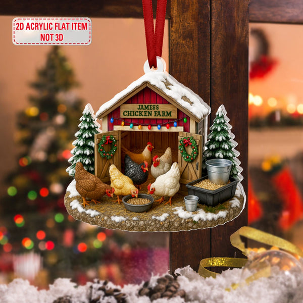 Personalized Chicken Farm Ornament | Custom 2D Flat Barn Design, Farmhouse Christmas Decor Gift for Farmers & Chicken Lovers (4in)