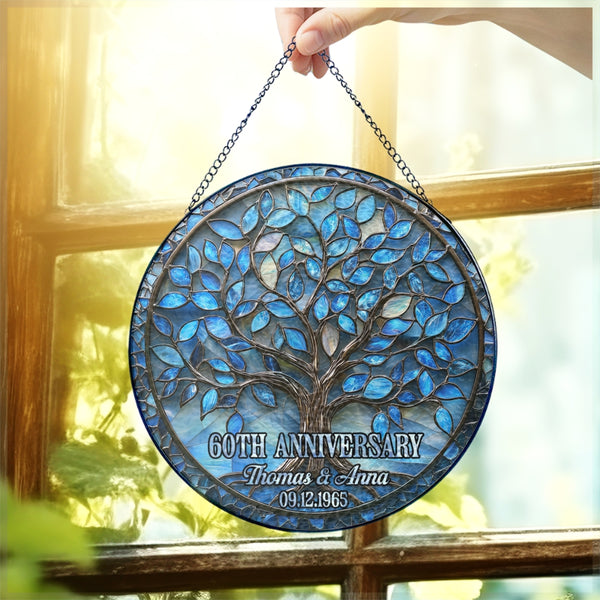 Personalized 60th Wedding Anniversary Stained Glass Suncatcher, Diamond Wedding Anniversary Gift, Tree Of Life Suncatcher, 60th Anniversary MLN6262TNB