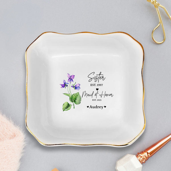 Maid of Honor Gift, Birth Flower Bridesmaids Gift, Custom Birth Flower Trinket Dish, Flower Ring Dish, Wedding Bridesmaid Gift, MOH Gifts TQN5101LTH