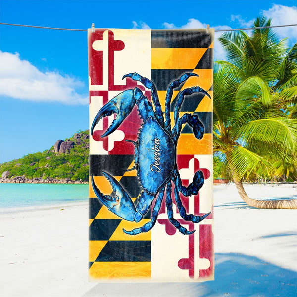 Personalized Maryland Blue Crab Beach Towel with Name – State Flag Summer Gift - Gift for Ocean Lovers & Coastal Adventures, Girl Trip TQN5391HVN