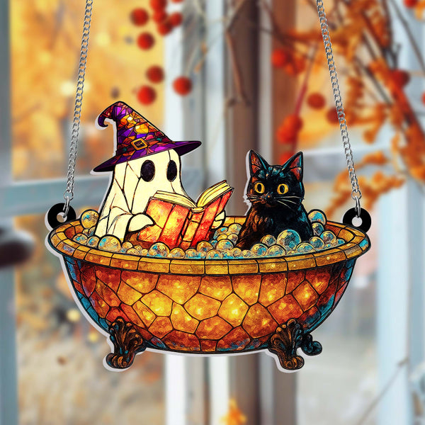 Whimsical Ghost Reading with Black Cat Suncatcher – Halloween Window Decor