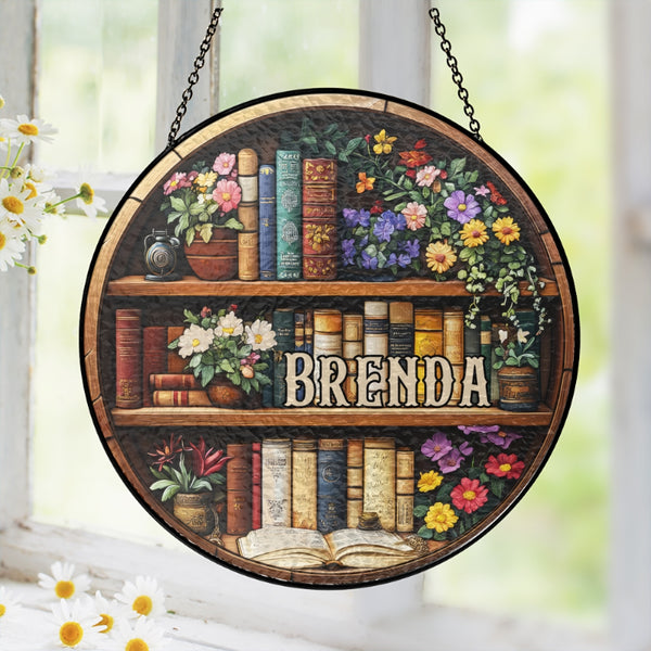 Custom Name Stained Glass Suncatcher – Artistic Bookshelf Design with Colorful Flowers and Vintage Charm