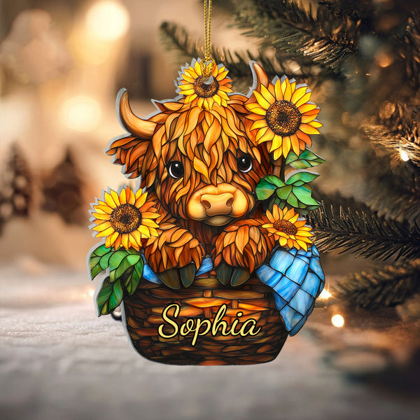 Personalized Highland Cow Sunflower Christmas Ornament
