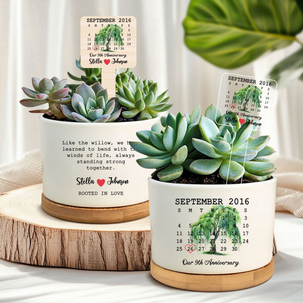 Anniversary Personalized Succulent Planter – Custom Ceramic Memorial Gift with Names and Love Message, Unique Commemorative Greenery for Couples MLN-1644-BTV