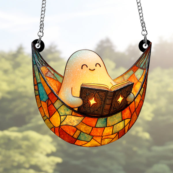 Spooky Reading Window Decor For Halloween, Cute Ghost Reading Book Suncatcher, Book Lover Gift, Ghost Reading Suncatcher, Halloween Gift 
