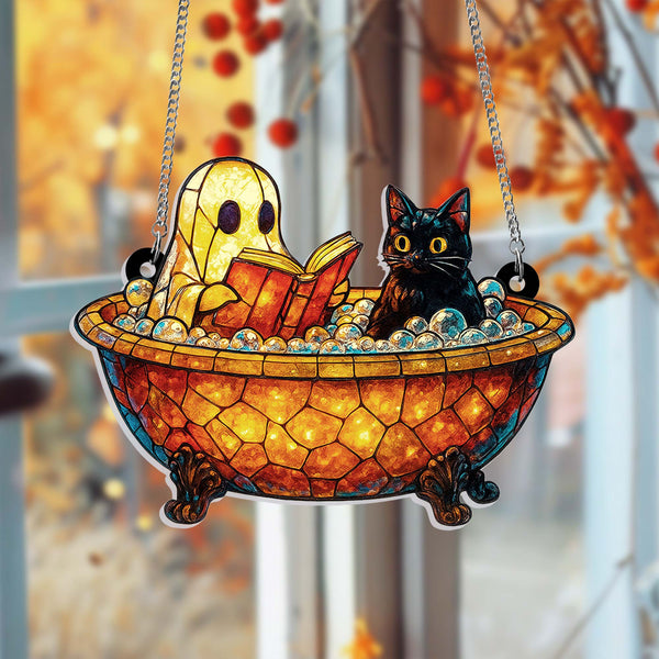 Cute Ghost Reading Book Bathroom Acrylic Suncatcher,Halloween Black Cat&Ghost,Ghost In Bathtub,Halloween Spooky Season Bathroom,Reading Gift