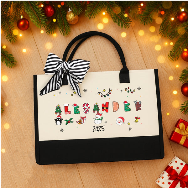 Personalized Christmas Tote Bag Holiday Gift for Women with Free Bow
