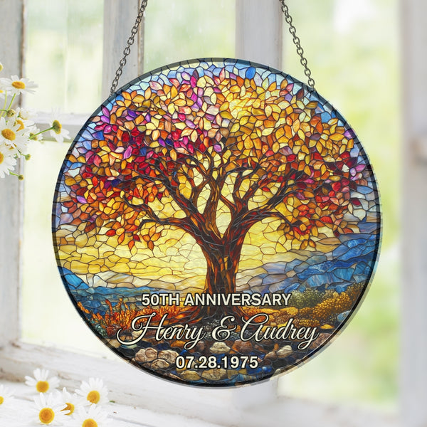 Personalized Tree of Life 50th Anniversary Gift, Tree of Life Stained Glass Suncatcher, Golden Anniversary Suncatcher, Anniversary Gift For Parents MLN5981NGT