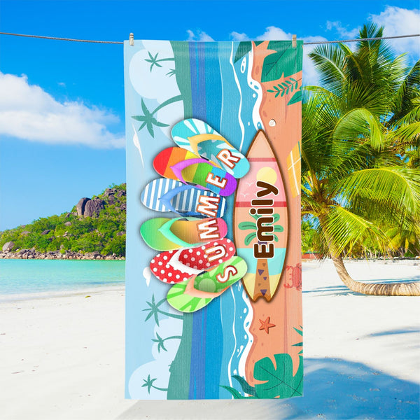 Personalized Flip Flop Beach Towel, Custom Summer Name Towel, Tropical Beach Gift for Her, Colorful Vacation Towel, Girl Trip Towel, Summer LHB165MNQ