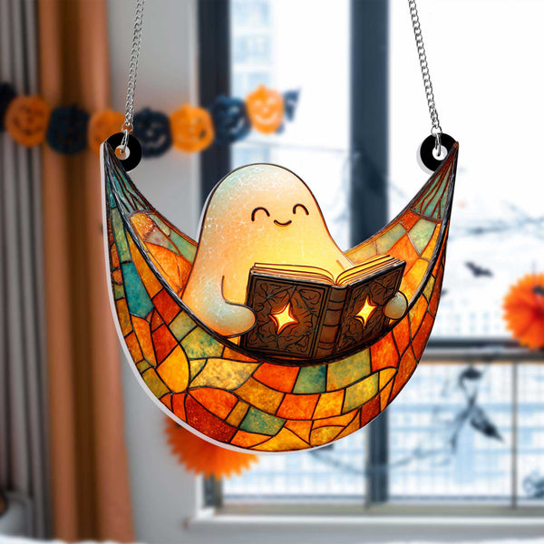 Spooky Reading Window Decor For Halloween, Cute Ghost Reading Book Suncatcher, Book Lover Gift, Ghost Reading Suncatcher, Halloween Gift 