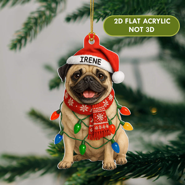 Custom Pug Dog Christmas Ornament – Personalized Acrylic Decoration with Santa Hat & Lights, Pet Lover Holiday Gift