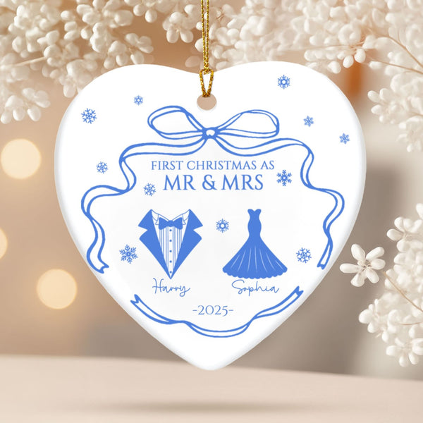Custom First Christmas Married Ornament, Anniversary Gifts, Personalized Holiday Couple Gift, Coquette Bow Mr Mrs Newlywed Wedding Gifts