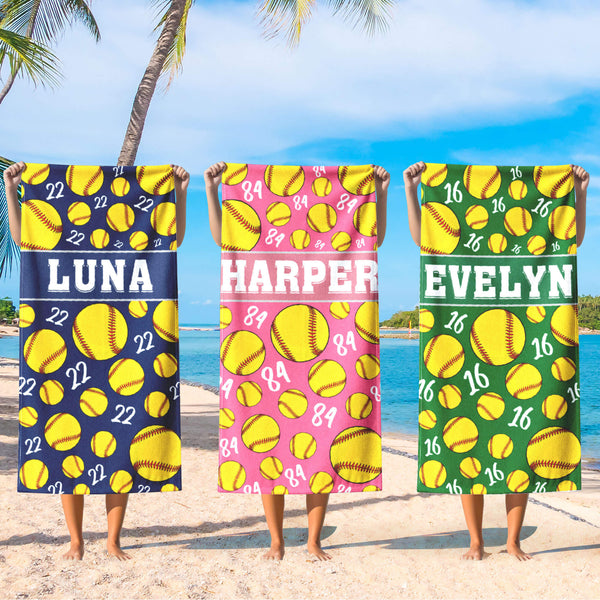 Softball Beach Towel, Softball Gifts For Girls, Softball Team Gifts, Custom Softball Towel Name & Number, Softball Mom, Softball Pool Towel MLN6232TNB