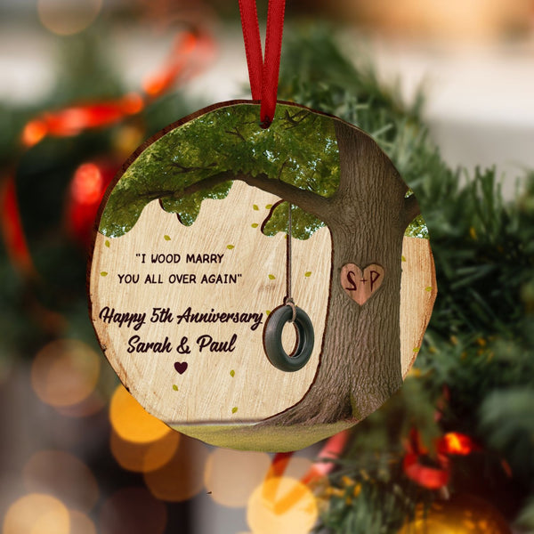 Custom Wood Anniversary Wedding Ornament | Personalized 5th Year Christmas Ornament, Unique Wooden Anniversary Gift (1pc)