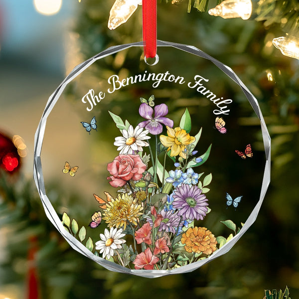 Family Birth Flowers Glass Ornament, Mom's Garden Gift, Flower Glass Art, Birth Flower Gift For Nana, Gift For Mom,Christmas Gift For Family THR302LTH