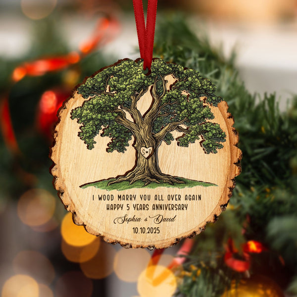 Personalized Wood Anniversary Wedding Ornament for Couples I Wood Marry You All Over Again 5th Anniversary Christmas Ornament