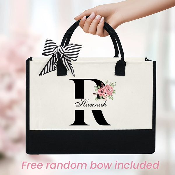 Personalized Name & Initial Tote Bag | Custom 13oz Canvas Bag with Zipper, Unique Gift for Teacher, Mom, Grandma, Aunt or Wedding