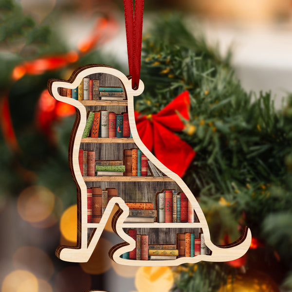 Wooden Dog Christmas Ornament Holiday Gift for Book Lovers