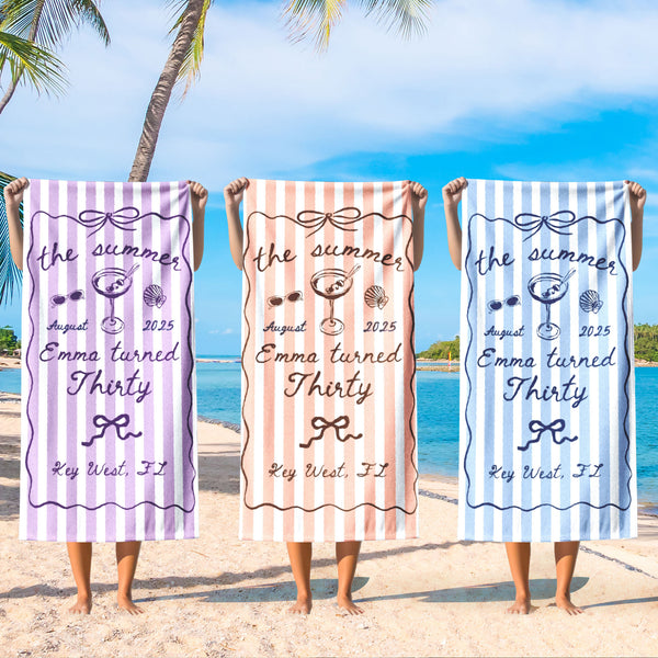 The Summer l Turned Thirty Personalized Beach Towel, Custom 30th Birthday Gift For Her, Summer Birthday Keepsake Gifts, Birthday Party