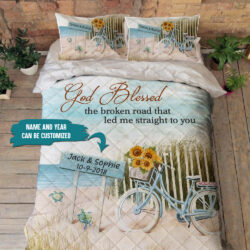Coastal Bedding Personalized Couple Beach Quilt Bedding Set God Blessed The Broken Road TRN1261QSCT