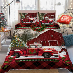 Red Christmas Christmas Truck Barn House Quilt Bedding Set Geembi™