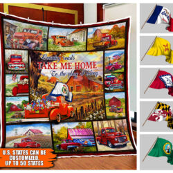 Personalized Red Truck With U.S. States. Country Roads Take Me Home Quilt Blanket THH3302QCT