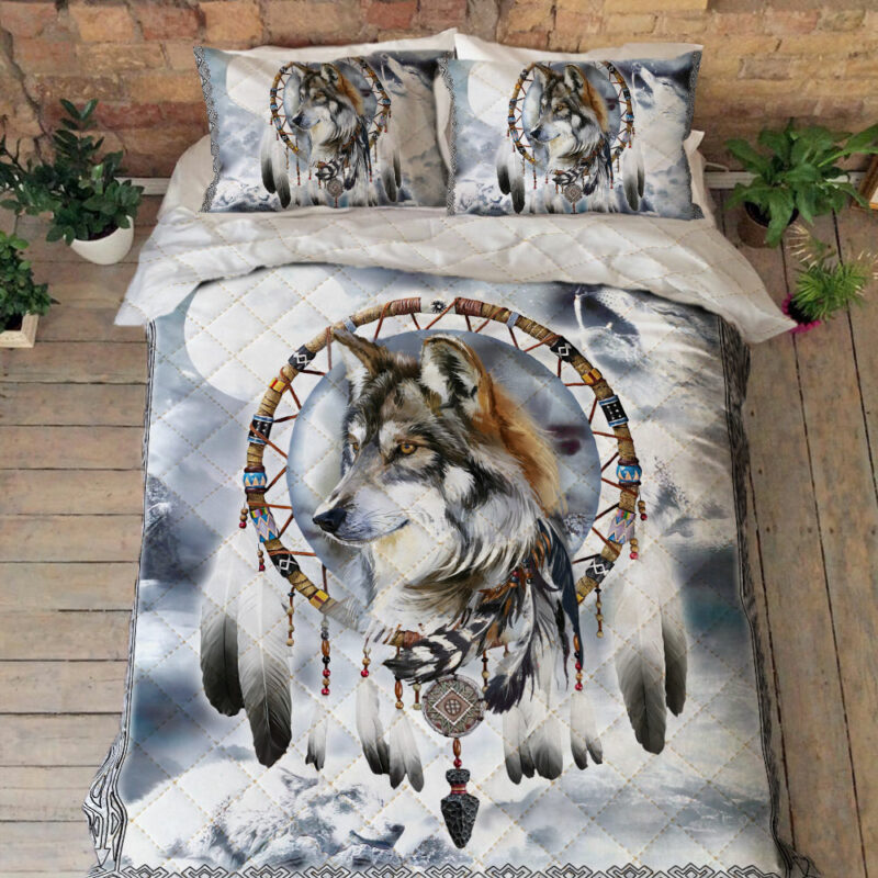 Wolf Quilt Bedding Set, Native American Wolf Howling Dreamcatcher QNK779QSv1