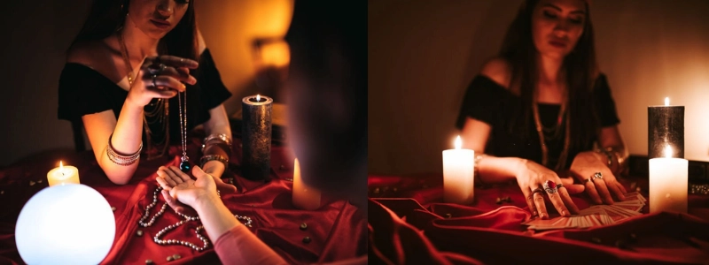 a witch is using a red quilt blanket to do her ritual