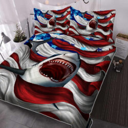 Amazing Shark And American Flag Ocean Quilt Bedding Set BNT452QS