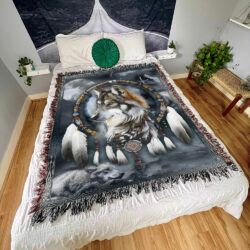 Wolf Native American Woven Blanket Tapestry, Wolf In  Dreamcatcher, Native Wolf Spirit QNK779WB