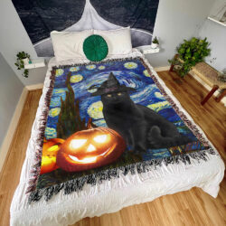 Black Cat Halloween Starry Night Woven Blanket TQN450WBv1