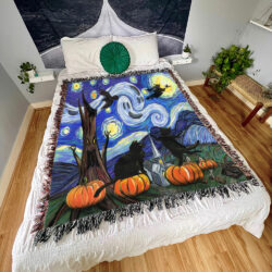 Halloween Starry Night Woven Blanket Pumpkin Black Cat Witch QNN570WB