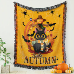 Hello Autumn Woven Blanket Black Cat Halloween LNT506WB